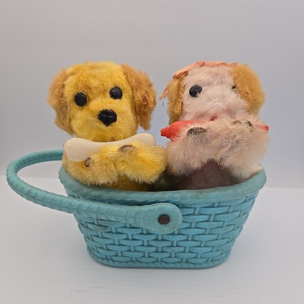 Japanese Wind Up Little Puppy Dogs Kissing / Eating‎ Blue Basket 1960s Toy VTG